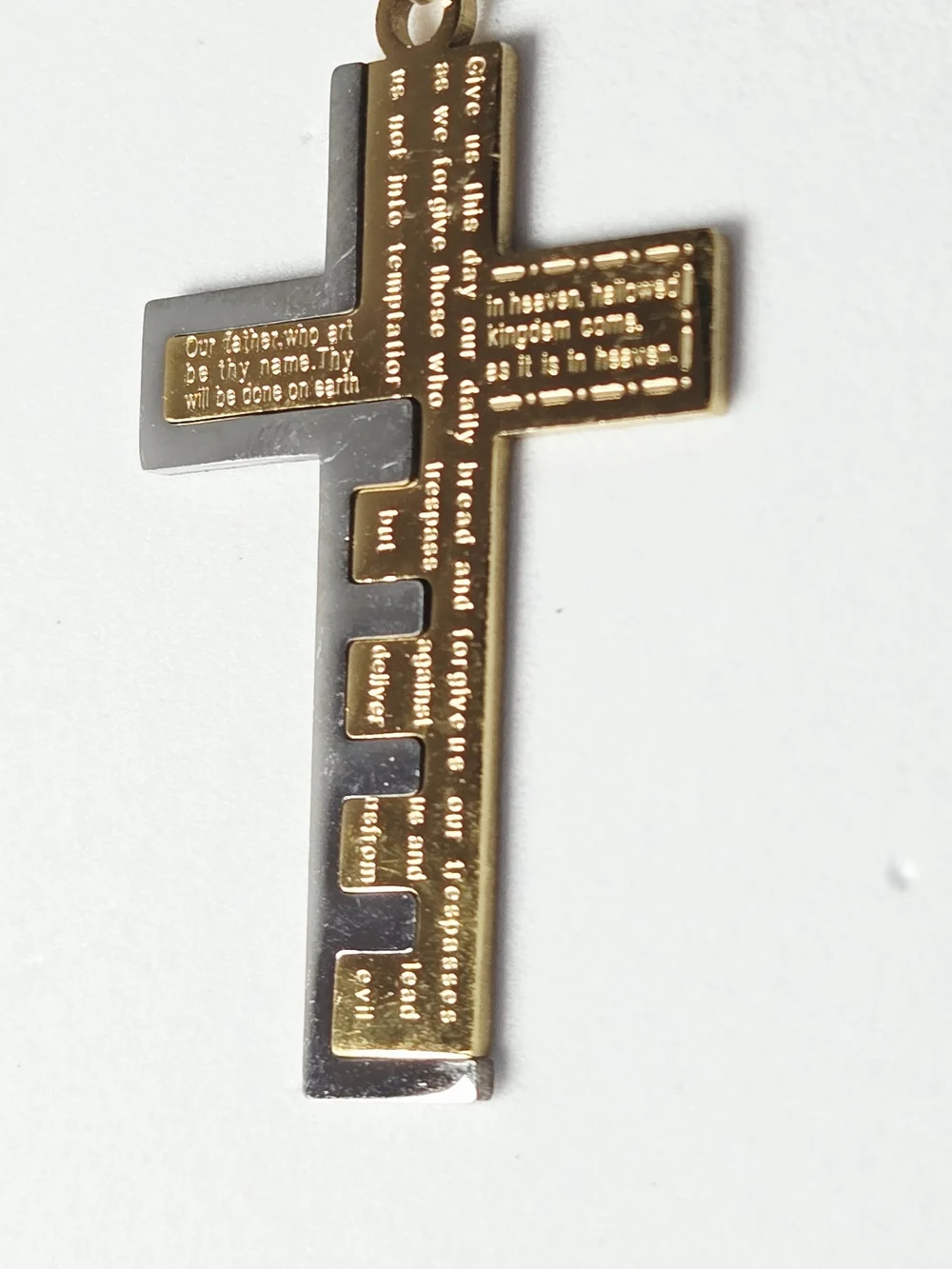 Lord's Prayer Cross Key Necklace Two Tone Stainless Steel 24